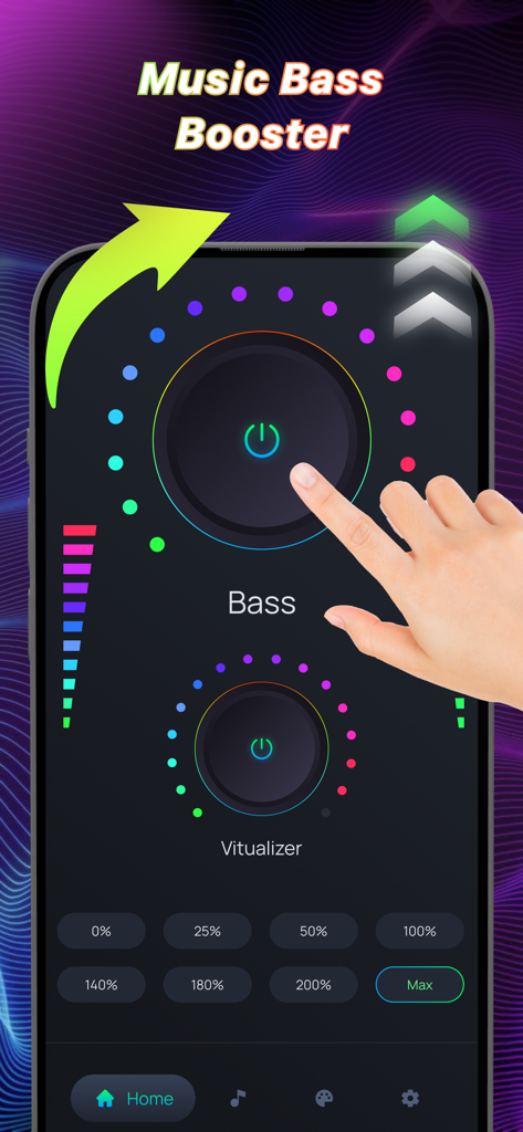 Volume Booster Bass Equalizer - Interfaccia di un'app mobile per aumentare il volume della musica e i bassi con quadranti regolabili e preset di percentuale