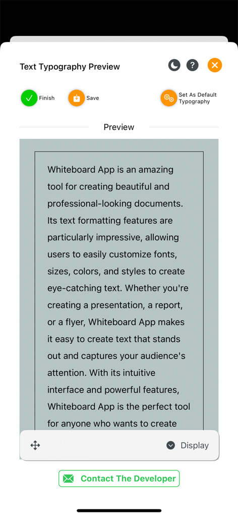 Text typography preview screen in the Whiteboard app showing text formatting and style options.