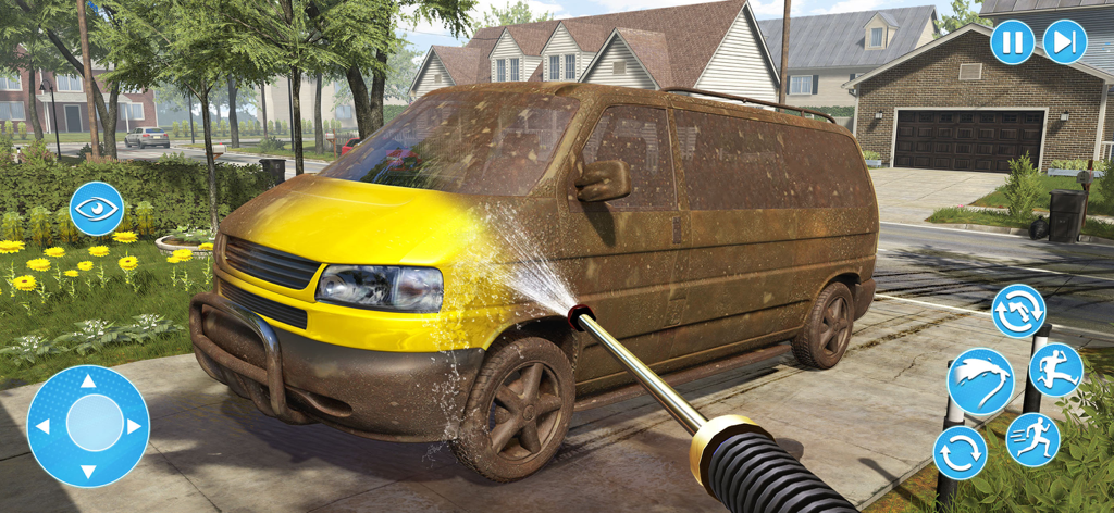 Power Wash Car Cleaning Games - First person perspective of power washing a dirty yellow van in a realistic 3D driveway environment
