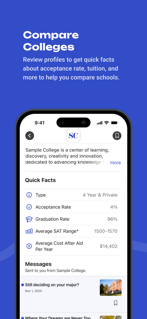 BigFuture School app screenshot showing college comparison quick facts including acceptance and graduation rates