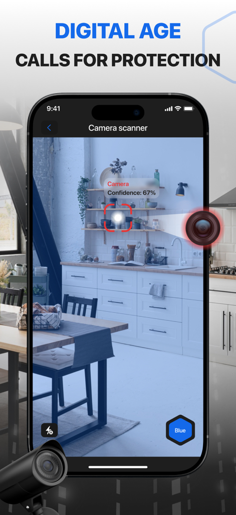 Analyzer Camera Detector Pro.X - Schermata dello smartphone che scansiona una stanza alla ricerca di telecamere nascoste utilizzando l'app Analyzer Camera Detector Pro.