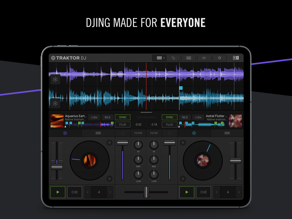 Traktor DJ 2 user interface on iPad displaying dual decks and audio waveforms