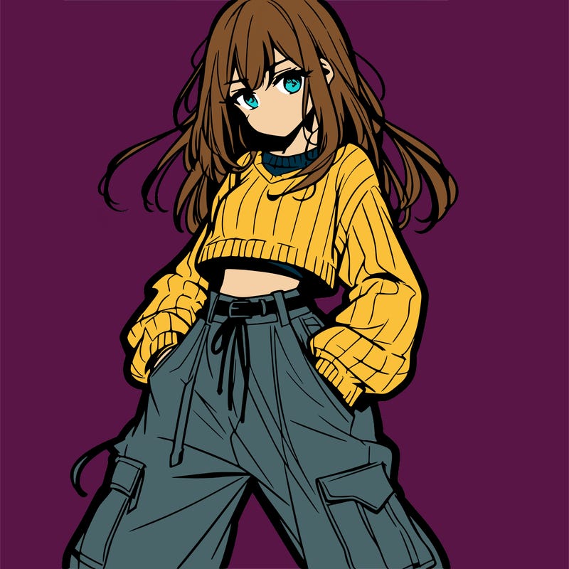 anime teen girl with baggy pants and crop top with sweater