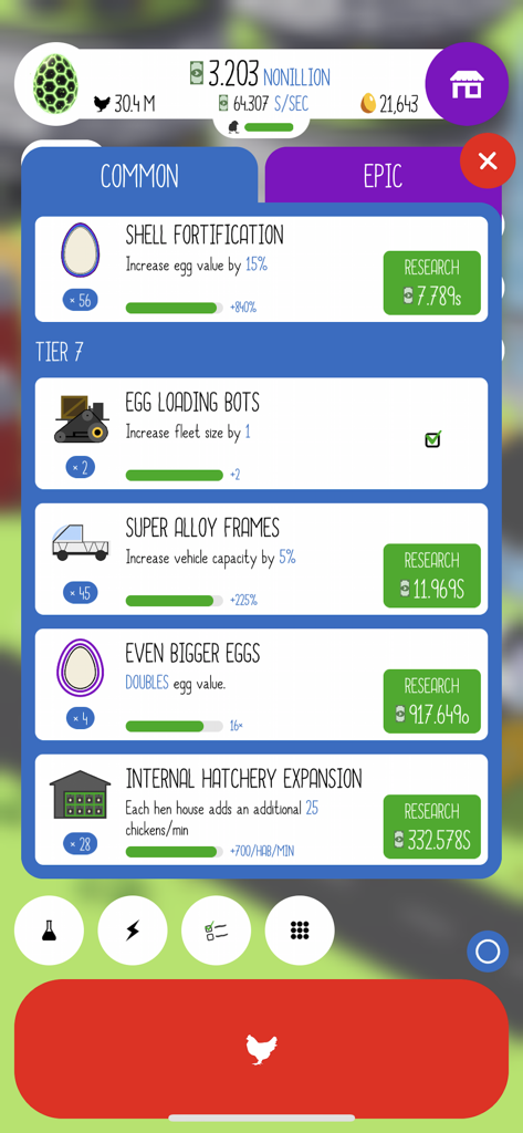 Screenshot of the Common research menu in Egg Inc showing Tier 7 farm upgrades including shell fortification and egg loading bots