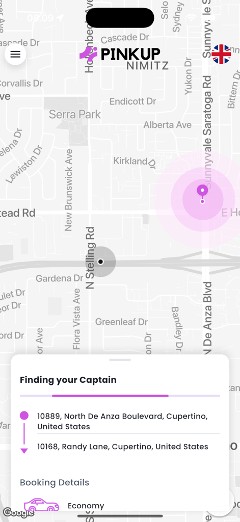 PinkUp - PinkUp app interface showing a map and a ride request finding a driver.
