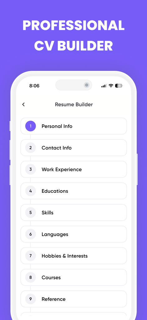 Resume io - A mobile screen showing the Resume io app interface with sections to build a professional CV including personal info work experience and skills