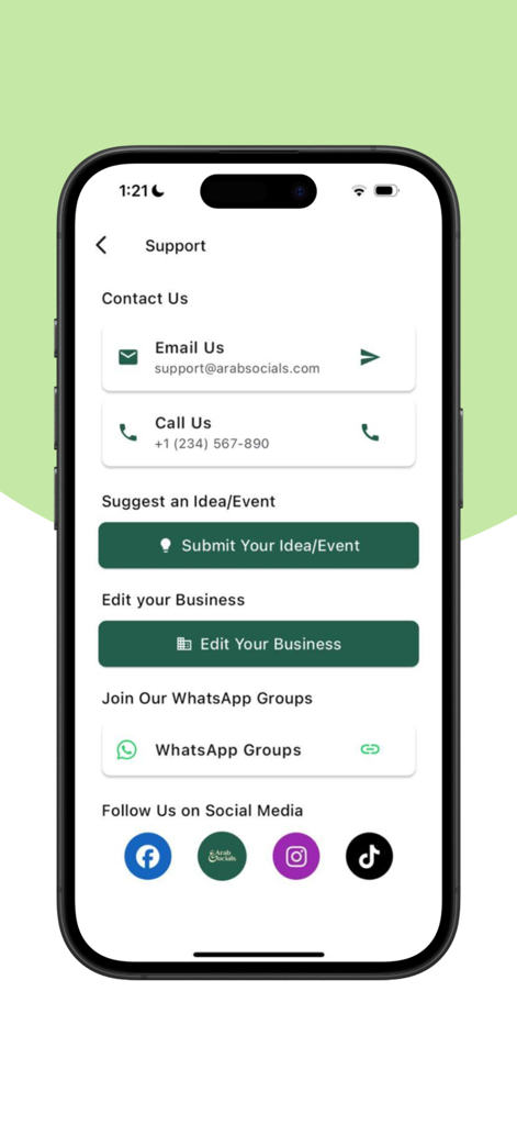 Arab Socials - Arab Socials app support page showing contact options business editing and social media links