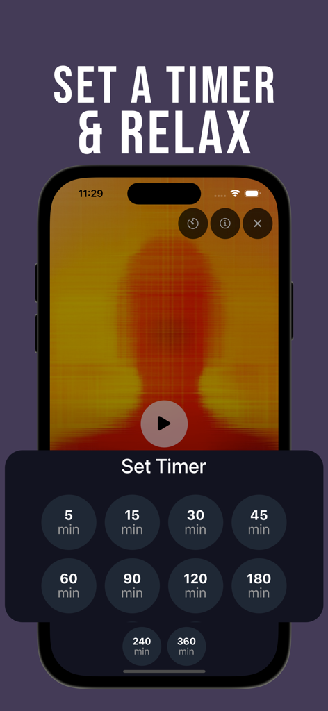 Solfeggio Frequencies - Chakra - Schermata dello smartphone che mostra un menu del timer impostato per la meditazione con varie opzioni di durata da 5 a 360 minuti