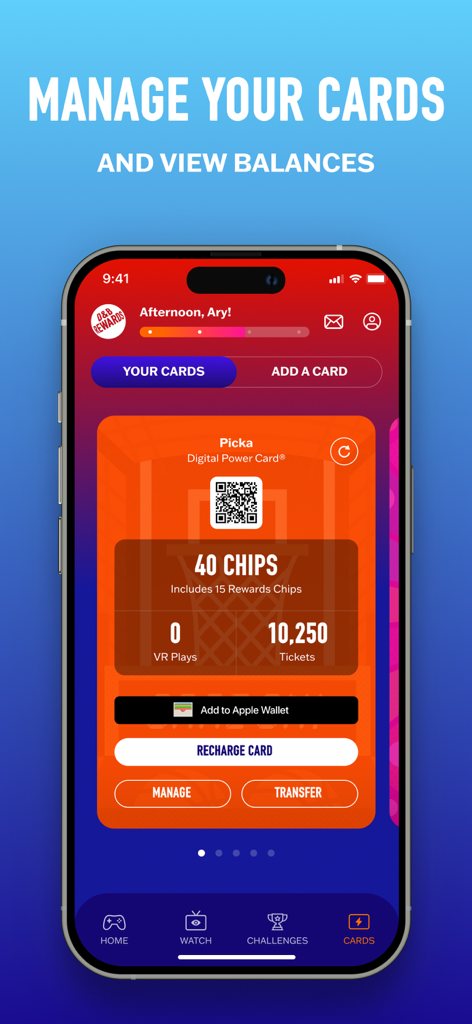 D&B Rewards - D und B Rewards Mobile App-Oberfläche, die eine digitale Power Card mit Chip- und Ticketguthaben anzeigt.