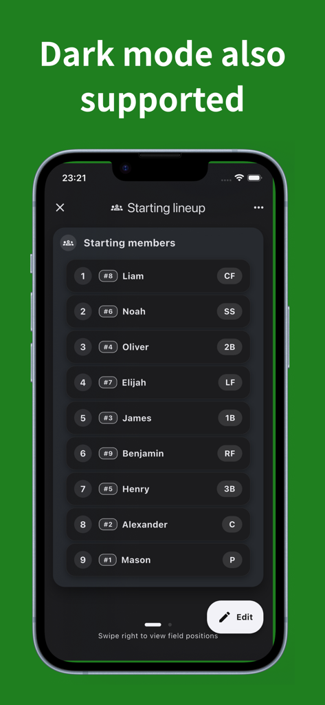 Baseball Lineup Maker - Screenshot of the Baseball Lineup Maker app showing a starting lineup with player names and positions in dark mode.