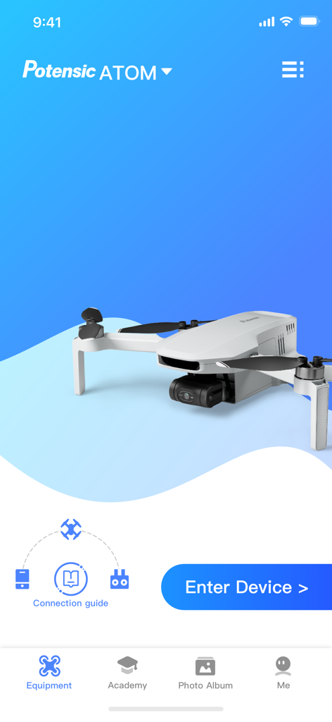 PotensicPro - Interfaz de la aplicación móvil PotensicPro que muestra la pantalla de inicio con un dron Potensic ATOM y el botón Enter Device
