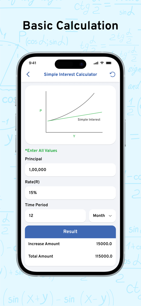 AI Math Scanner: Maths Solver - Interface of the AI Math Scanner app showing a simple interest calculator with a graph and calculation results
