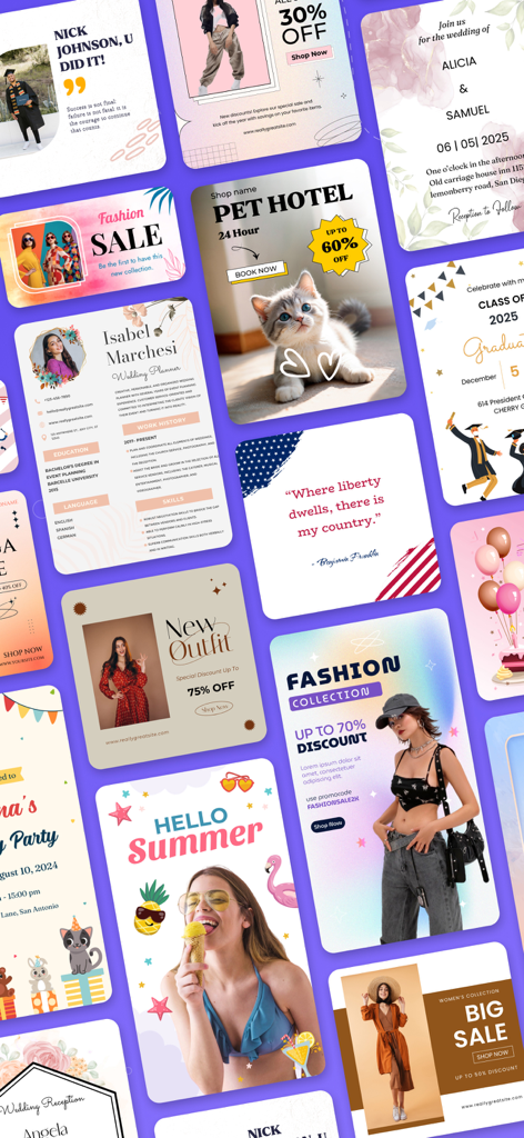 Poster Maker - Flyer Creator! - Uma colagem de diversos modelos de design gráfico para folhetos, cartazes e posts de redes sociais