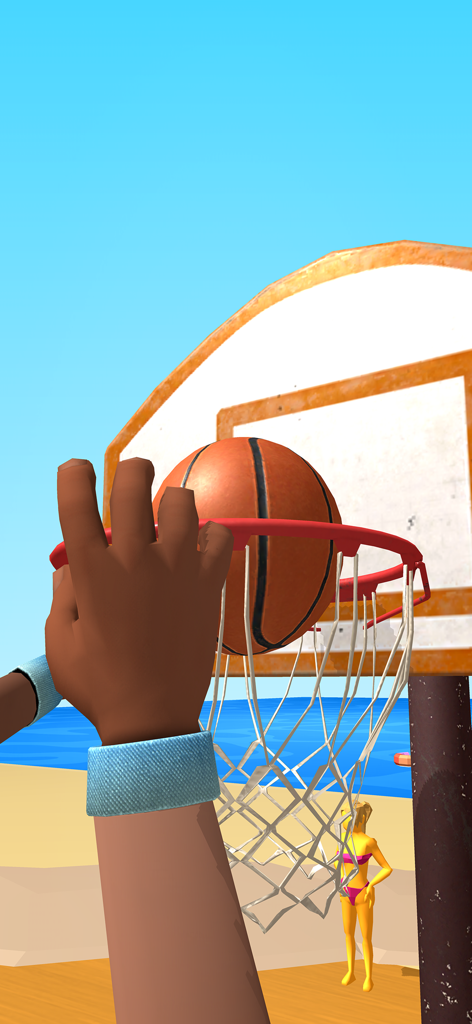 Perspectiva en primera persona de un jugador de baloncesto realizando un dunk en una cancha de playa en el juego móvil Dribble Hoops.