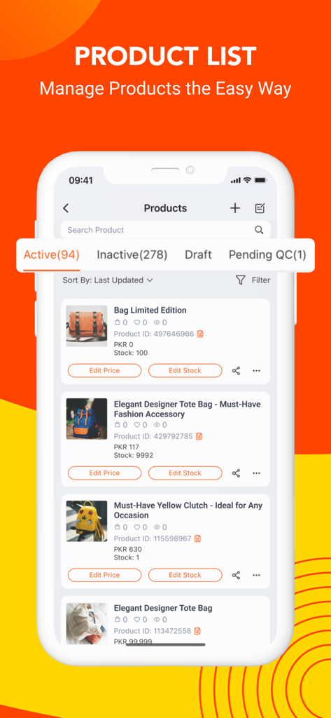 Mobile screen showing the Daraz Seller Center product list with inventory and price management options