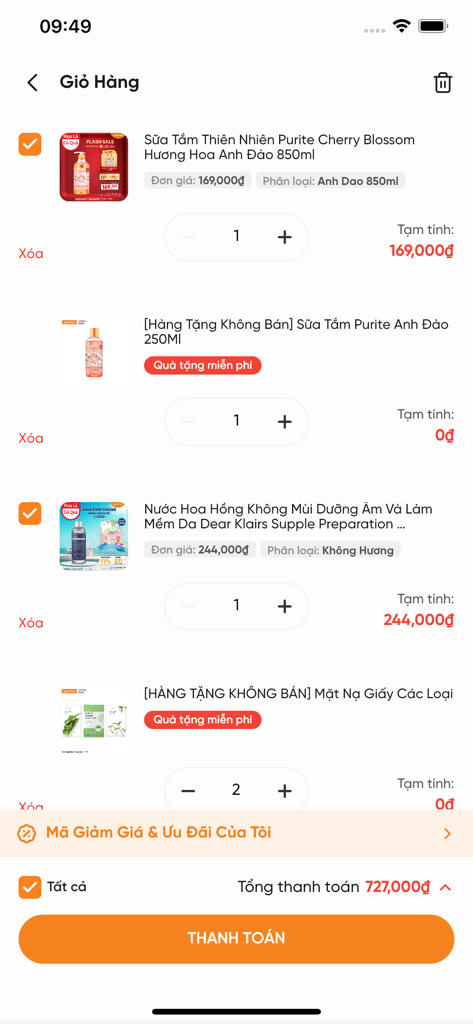 Pantalla del carrito de compras de la aplicación móvil Guardian VN que muestra productos de cuidado de la piel y el botón de pago