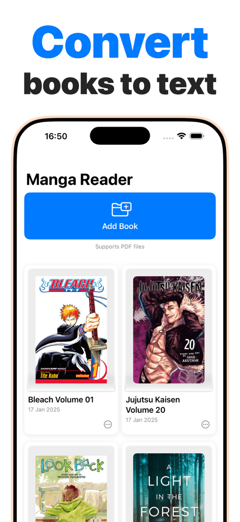 Manga reader app: PDF to word - Manga Readerアプリのインターフェース。マンガ本のビジュアルライブラリと新しいファイルを追加するオプションが表示されています。