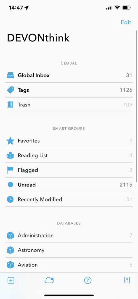 Main interface of DEVONthink To Go 3 showing document databases and smart groups