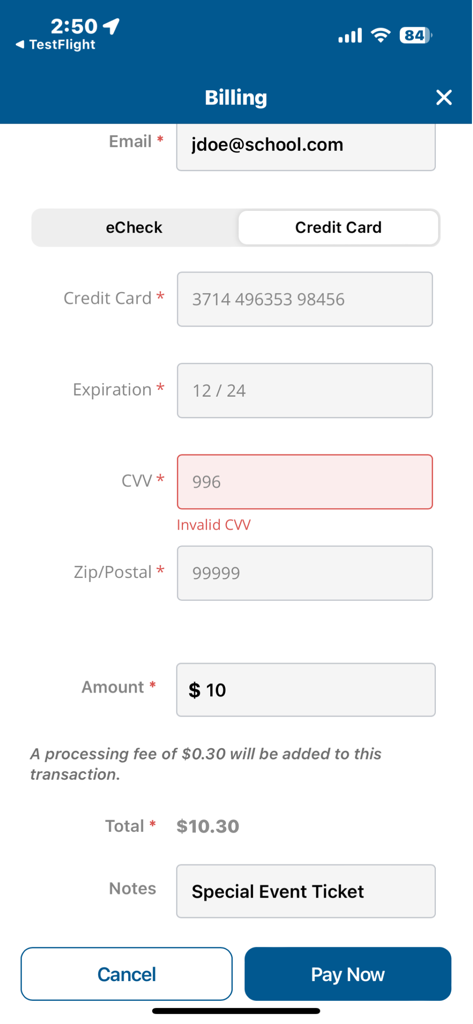 Gradelink Student/Parent App - Gradelink mobile app billing screen with credit card payment form for school fees