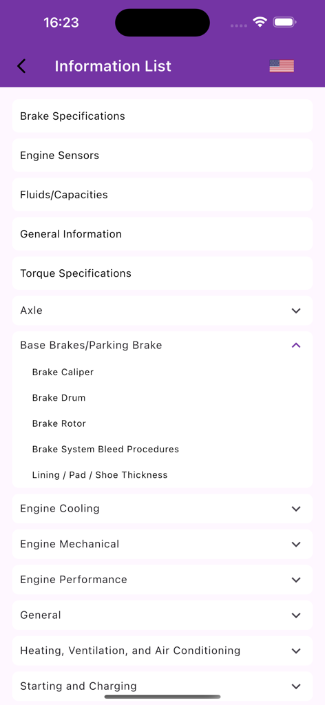 DOCFIX - Auto Repair Guide - Screenshot der DOCFIX-App, der eine Liste von Auto-Reparatur-Informationskategorien anzeigt, einschließlich Brems- und Motordaten