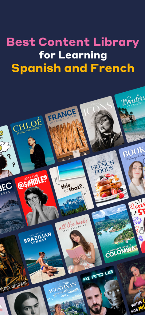 Uma coleção diversificada de miniaturas de vídeos de aprendizado de idiomas em espanhol e francês dentro do aplicativo Dreaming