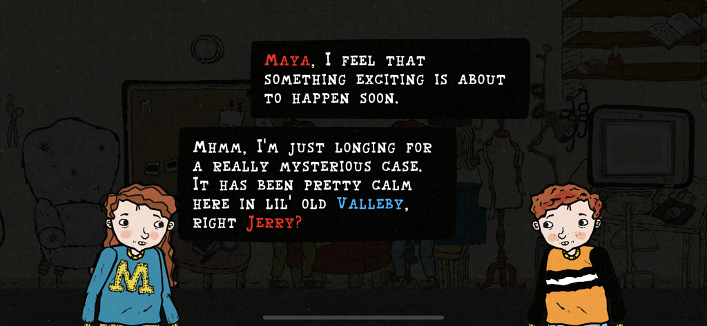 The JerryMaya Detective Agency - Jerry and Maya discussing a mystery in the Detective Agency office