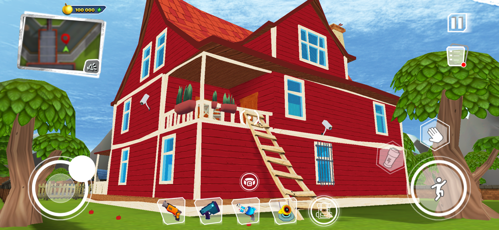 Blick aus der Ego-Perspektive auf ein rotes Haus mit Überwachungskameras und einer Leiter im Spiel Dark Riddle