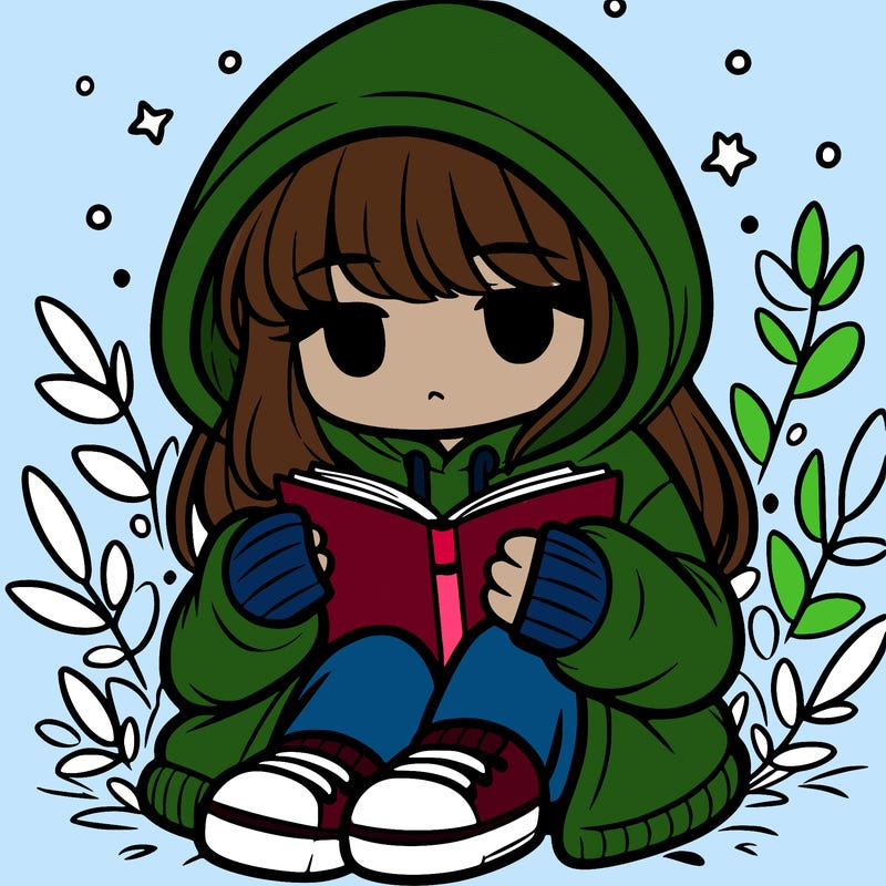 girl in oversized hoodie reading a book