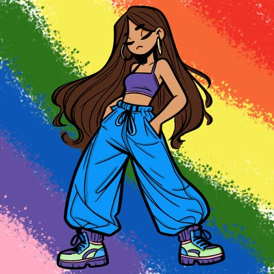 girl in baggy pants crop top and long hair