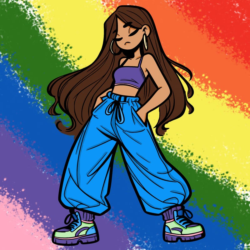 girl in baggy pants crop top and long hair