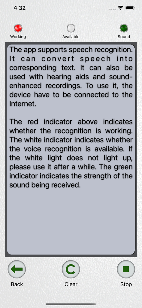 Hearing Aid - Sound Amplifier - Interface showing the speech recognition and voice to text feature of the hearing aid app
