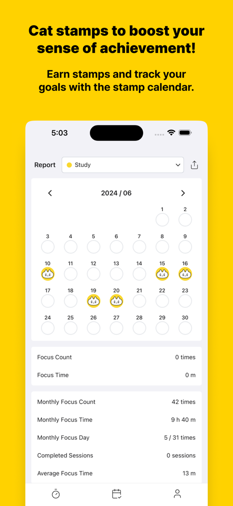 Pomocat - Adorable Focus Timer - A monthly calendar within the Pomocat app showing cute cat stamps tracking successful focus sessions and study reports