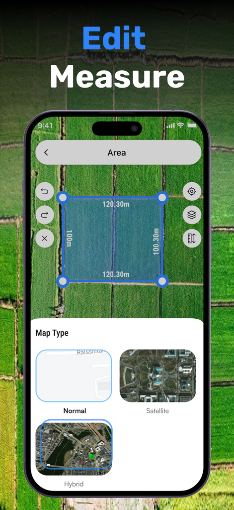 GPS Field Area Measurement - 地図種類のオプションとともに、衛星地図上で土地面積測定が表示されているスマートフォンの画面