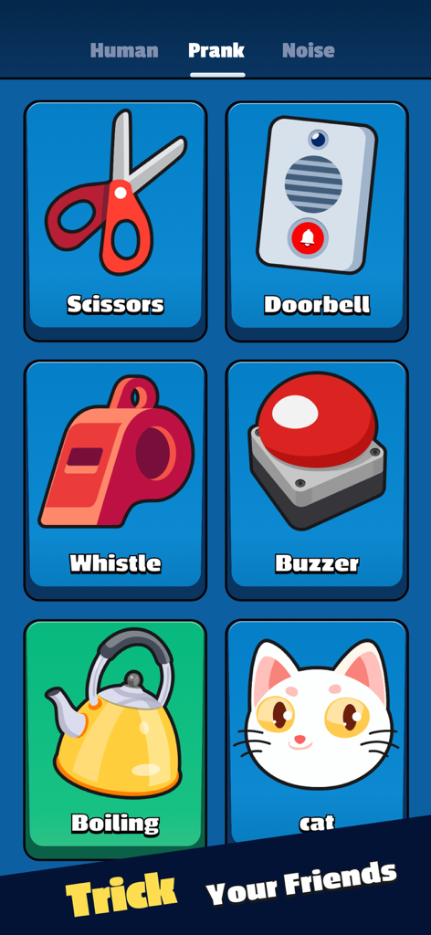 Prank Sounds - Fart Button App - Prank sounds app interface with buttons for scissors doorbell whistle and cat