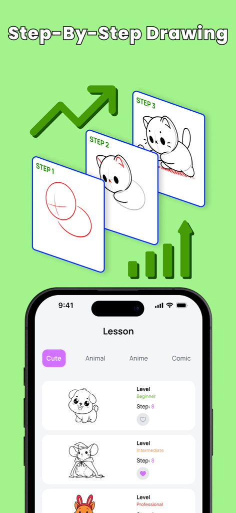 Draw Easy: Learn How To Draw - App interface showing step-by-step drawing lessons with beginner to professional levels for cute animals.