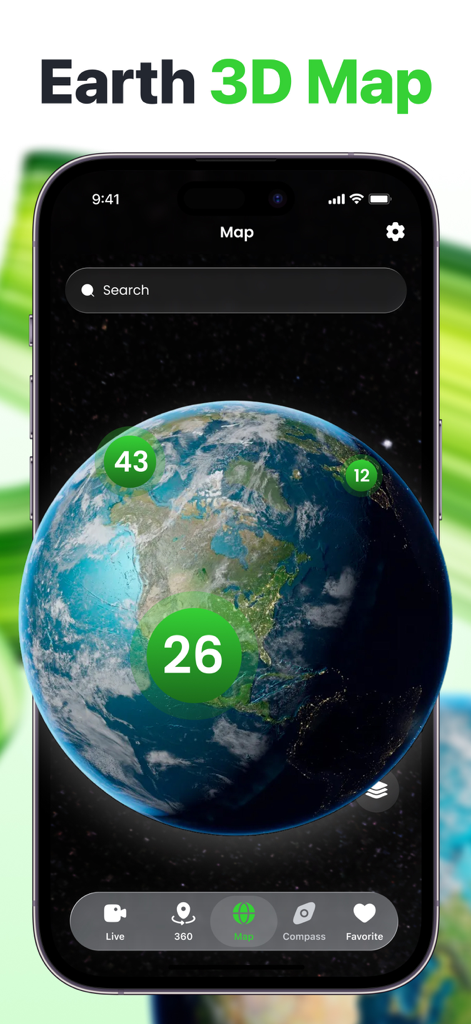 Live World Map - Interface do aplicativo Mapa Mundial ao Vivo mostrando um globo 3D interativo em um smartphone
