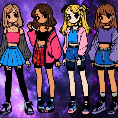 one girl with crop-top shirt and a jacket with a skirt, long socks and another girl with a shirt and pants with a jacket