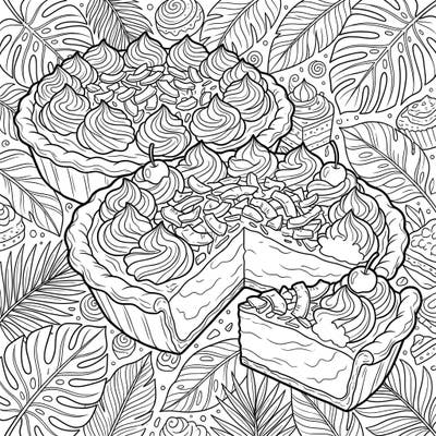 Get ready to savor the sweetness with this delightful Coconut Cream Pies coloring page, perfect for anyone who loves tropical treats. Featuring generously topped pies amidst lush foliage, it's an inviting scene for creative expression.