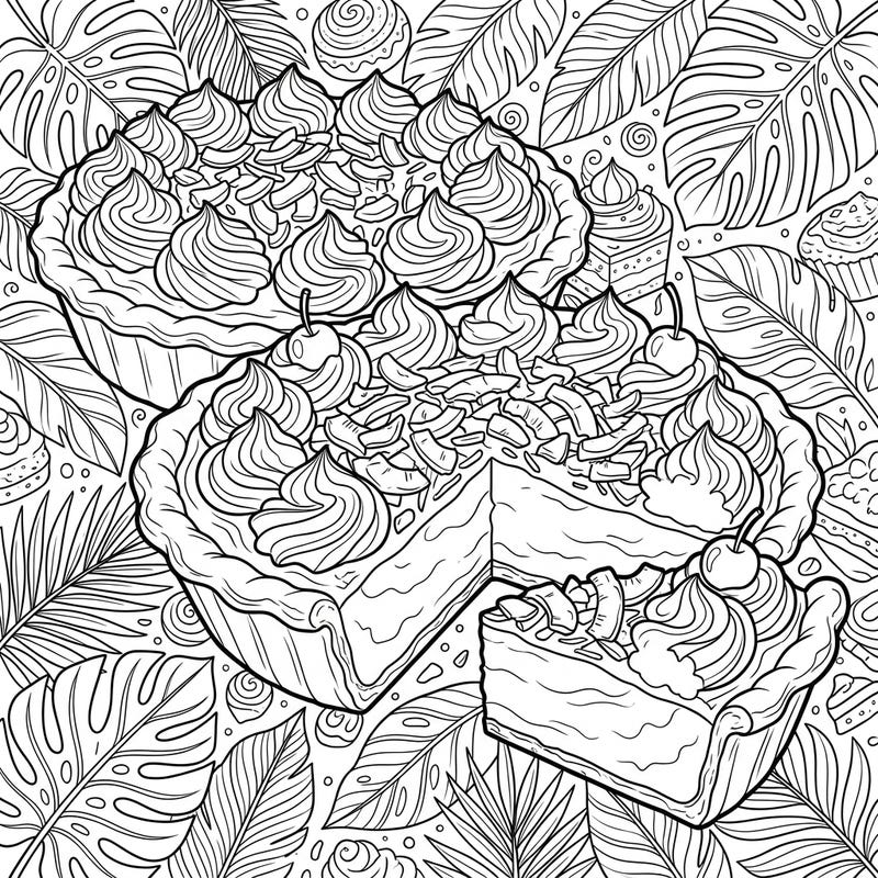 Get ready to savor the sweetness with this delightful Coconut Cream Pies coloring page, perfect for anyone who loves tropical treats. Featuring generously topped pies amidst lush foliage, it's an inviting scene for creative expression.