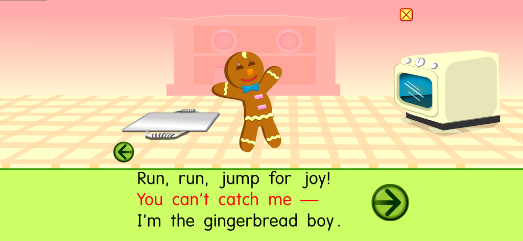 Starfall Gingerbread - Personaje animado de hombre de jengibre saltando en una cocina virtual con una leyenda rimada