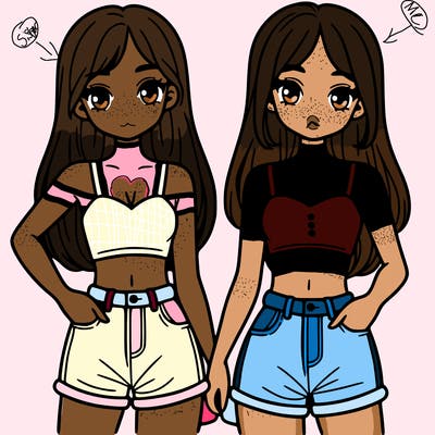 two sisters with crop tops and jean shorts and straight hair
