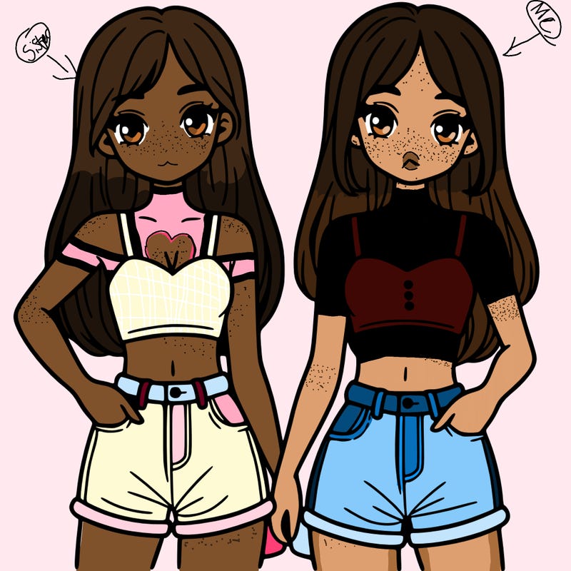 two sisters with crop tops and jean shorts and straight hair