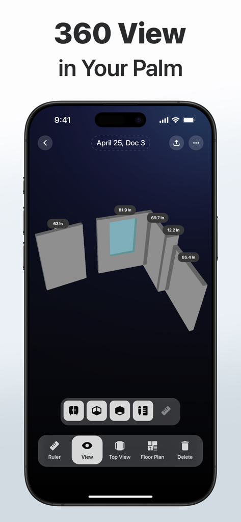 3D Snap app interface showing a 3D model of a room with digital wall measurements displayed on an iPhone