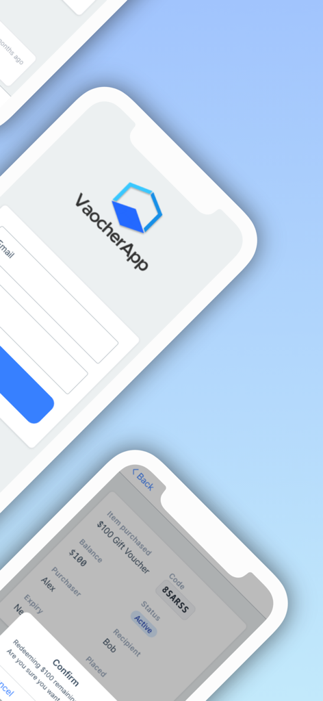 VaocherApp - Interface do VaocherApp exibindo tela de login e gerenciamento de vouchers de presente digitais em dispositivos móveis