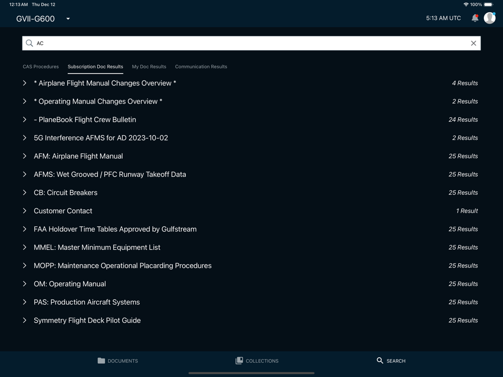 Interfaz de búsqueda de manuales de vuelo y operación de Gulfstream.