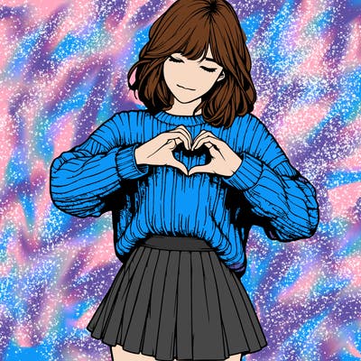 realistic girl in sweater and skirt making a heart with her hands