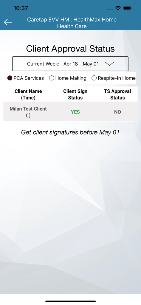 Caretap EVV HM - Caretap EVV HM app interface showing client approval status and signature tracking for home health care visits