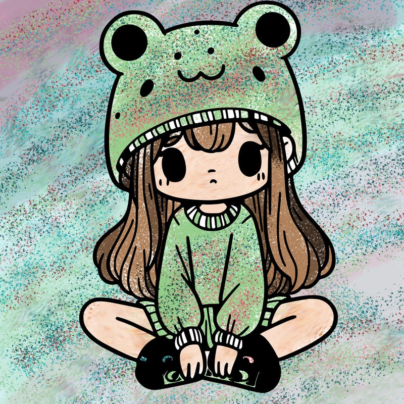 a girl wearing a frog hat and some frog socks