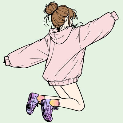 realistic girl jumping with a bun and oversized sweatshirt