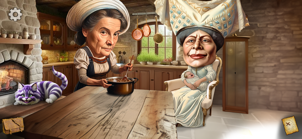 Adventure in Wonderland - Una caprichosa escena de cocina en Aventura en el País de las Maravillas con la Duquesa sosteniendo a un bebé y el Gato de Cheshire sobre la mesa